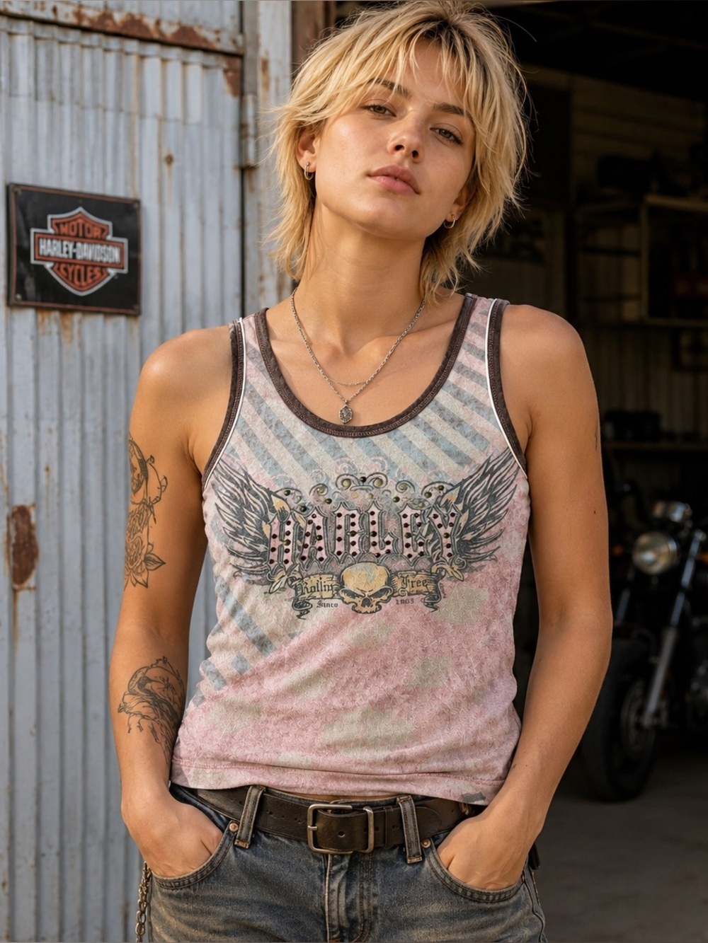 Y2K Harley-Davidson “Rollin Free” Cotton Graphic Winged Skull Tank
